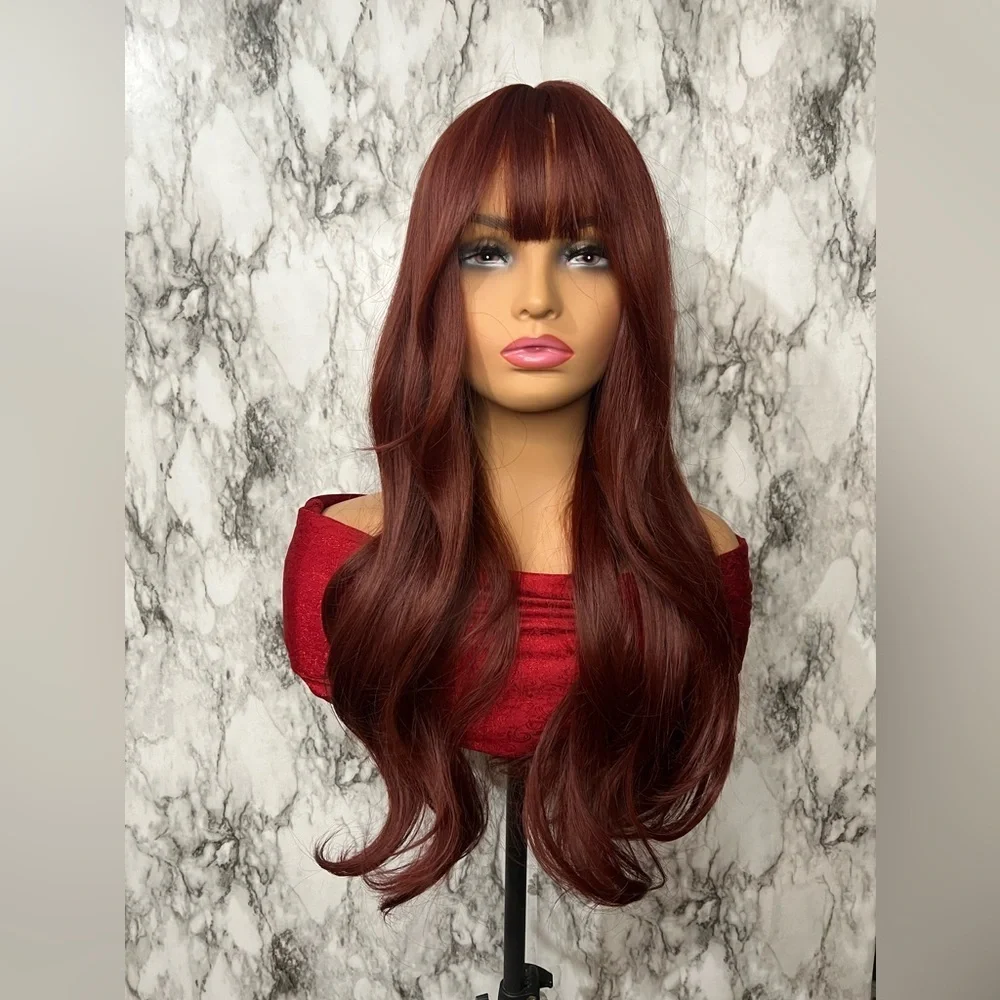 Long Wine Red Wig with Bangs Wavy Layered Synthetic Wig